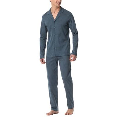 Schiesser Herenpyjama lang met knopen, warmere katoenen fijne interlock pyjamaset, Jeansblauw_182028, 54 Schiesser Herenpyjama lang met knopen, warmere katoenen fijne interlock pyjamaset, Jeansblauw_182028, 54
