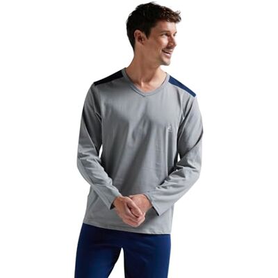 Athena Lange pyjamaset voor heren, Ecopack jersey van 100% ademend katoen T-shirt met lange mouwen + broek Oeko-Tex®-label Standard 100, grijs/marineblauw, XL Athena Lange pyjamaset voor heren, Ecopack jersey van 100% ademend katoen T-shirt met lange mouwen + broek Oeko-Tex®-label Standard 100, grijs/marineblauw, XL