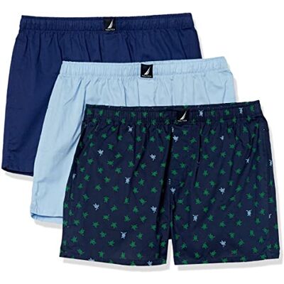 Nautica Katoenen geweven boxershorts voor heren, verpakking van 3 stuks, blauwe diepten/kusthemel/popschildpad print, XL Nautica Katoenen geweven boxershorts voor heren, verpakking van 3 stuks, blauwe diepten/kusthemel/popschildpad print, XL
