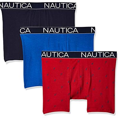 Nautica Boxershort voor heren (pak van 3), Zeekobalt/pauw haver/zeil print rood, L Nautica Boxershort voor heren (pak van 3), Zeekobalt/pauw haver/zeil print rood, L