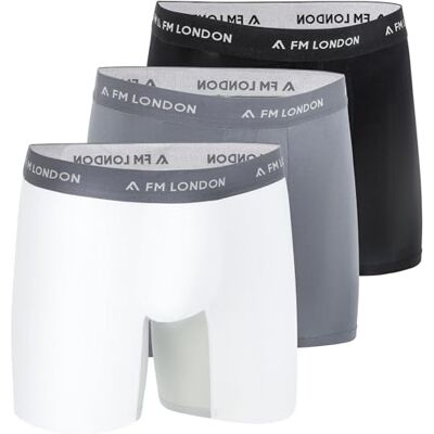 FM London (3-pack) Bamboe Boxers voor Mannen met Anti Chafe Panelen Zachte Lange Been Boxers met Voorgevormd Pouch Vochtafvoerend, Tag vrij, Ademend Heren Ondergoed, Zwart, Grijs, Wit, 3XL FM London (3-pack) Bamboe Boxers voor Mannen met Anti Chafe Panelen Zachte Lange Been Boxers met Voorgevormd Pouch Vochtafvoerend, Tag vrij, Ademend Heren Ondergoed, Zwart, Grijs, Wit, 3XL