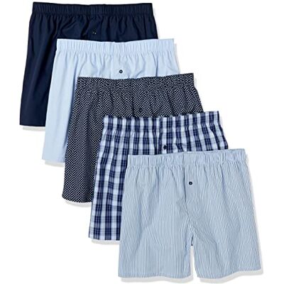Amazon Essentials Boxershort van geweven katoen voor heren (verkrijgbaar in Big &Tall), pak van 5, zwart/blauw streep/donkerblauw geruit, marineblauw/hemelsblauw, X-Small Amazon Essentials Boxershort van geweven katoen voor heren (verkrijgbaar in Big &Tall), pak van 5, zwart/blauw streep/donkerblauw geruit, marineblauw/hemelsblauw, X-Small