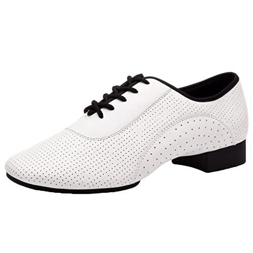 ZHENSI Heren Jazzdansschoenen Leren Splitzool Latin Moderne Dansschoenen Ademend Veters Lage Hakken,White a,45 EU