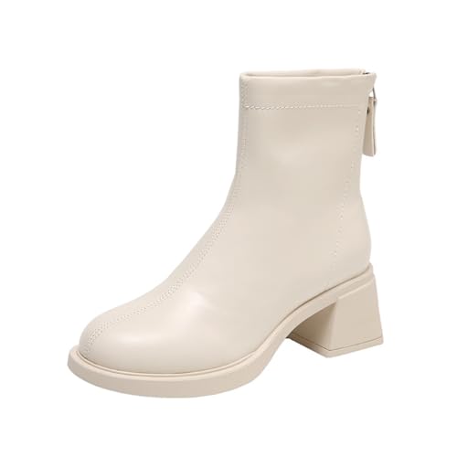 SUCHETA Franse Kleine Korte Laarzen en Enkellaarzen Vrouwen Chunky Heel Wit Lente en Herfst Enkele Laarzen Hoge Hakken Vrouwen Leren Laarzen Enkele Laarzen