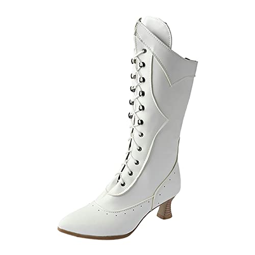 LZPCarra Dames Buitenlandse handel Herfst en Winter Nieuwe Mid Heel Wit Lace Up Fashion Mid Boots Dames kort, wit, 40 EU