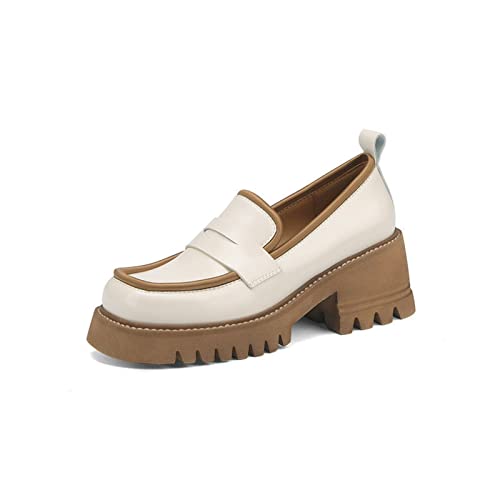 TABKER Lederen instappers damesschoenen vrouwelijke Britse stijl dikke zolen college stijl casual instappers echt lederen schoenen meisjes (kleur: beige, maat: 5,5 UK)