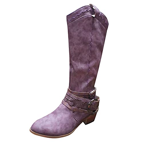 HANXIULIN Women Narrow Calf Boots Boots Shoes Cowboy Boots Cowboy Hollow Boots Boots For Women Vintage Buckle Boots Women's Out Womens Boots For Women Women's Boots Wine Boots for Women Wide Calf (Purple, 37)