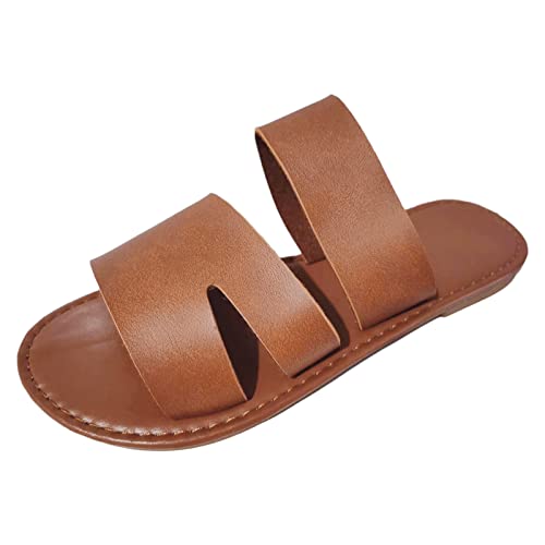 PAIDAXING Vrouwen Platte Sandalen Chique Griekse Handgemaakte Lederen Slip On Slipper Zomer Open Teen Dubbele Bandjes Muildieren Strand Slides Dames Wandelschoenen, Bruin, 38 EU