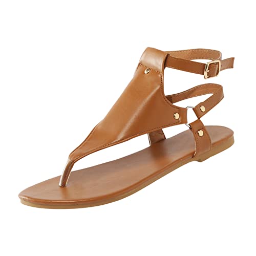 IQYU Romeinse sandalen voor dames, elegant, strandschoenen met zachte zolen, vrijetijdssandalen voor dames, Romeinse sandalen met verstelbare gesp, wigsandalen voor dames, leer, Romeinse sandalen voor