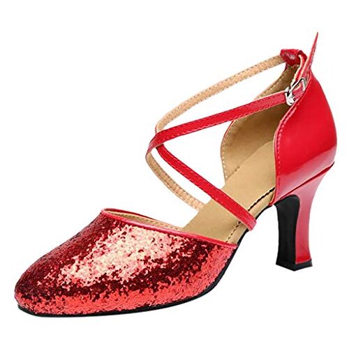 IQYU Elegante sleehak voor dames, vierkante schoenen, eindexamenbal, latijnse dans, danszaal, middelhoge hak voor dames, damesschoenen, pumps, rood, 37 EU