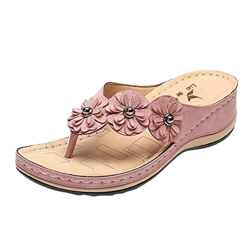Generic Romeinse sandalen voor dames, met hak, zomer, orthopedische sandalen, platte sandalen, trekkingsandalen met twee banden, Romeinse sandalen, roze, 37 EU