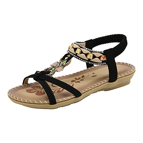 LOIJMK Sandalen voor dames, glitter, strass, platte sandalen, Romeinse sandalen, Boheemse strandsandalen, funky sandalen, strandsandalen, strandsandalen, platte sandalen, zomerschoenen, damesschoenen,