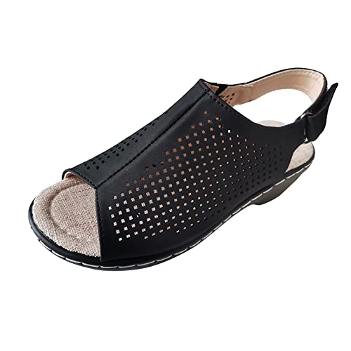 Generisch Effen holle open teenhaak strik wighak bezolde Romeinse sandalen dames schoenen hak, zwart, 42 EU