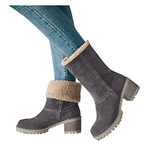 Generic over The Knee Boots for Women Wide Calf Winter Boots For Women Warm Snow Boots Ladies Warm Booties Ankle Boots Shoes Female Mid Calf Boots Mid Calf Boots Women No Heel (Grey, 37)