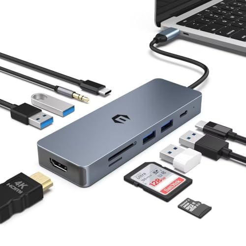 OOTDAY USB C-hub, 10-in-1 USB-uitbreiding voor Surface, Dell, HP, Lenovo, XPS en meer type C-apparaten, USB-uitbreiding met 4K HDMI-uitgang, USB 3.0, TF-kaartlezer, PD 100W