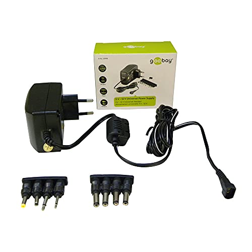 goobay 53998 universele voeding 3V 12V max. 27W voeding met adapter 2x jack plug & 4x DC stekker, 600 mA stekkervoeding, zwart