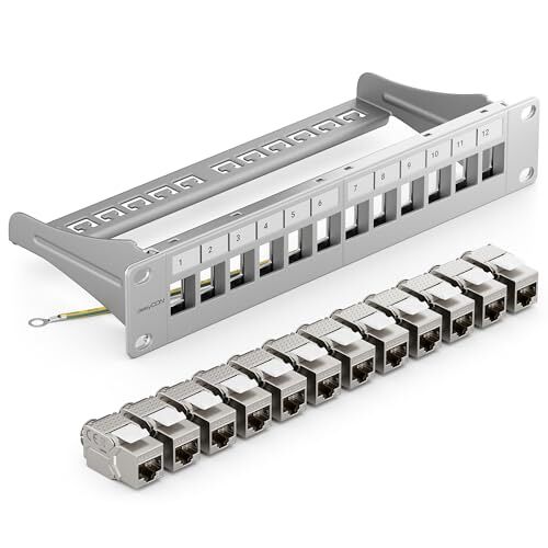 deleyCON 12-Poorts Patchpaneel Set Modulair 1 U 10" Inch Rekinstallatie + 12x RJ45 Keystone-Modules CAT6a Compatibel met CAT5 CAT6 CAT7 LAN Netwerk Kabel Installatie Kabel Grijs