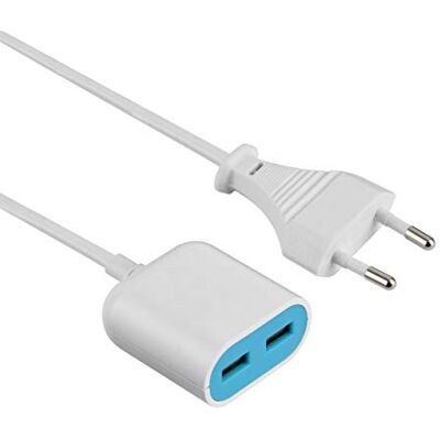 Electraline GummyLine verlengkabel, 2 USB-poorten, 2,4 A, 1,5 m kabel, Wit / Blauw Electraline GummyLine verlengkabel, 2 USB-poorten, 2,4 A, 1,5 m kabel, Wit / Blauw