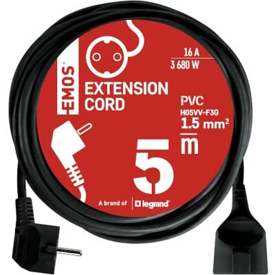 EMOS 5 m verlengkabel, 1 stopcontact, 250 V, pvc, binnen, zwart EMOS 5 m verlengkabel, 1 stopcontact, 250 V, pvc, binnen, zwart