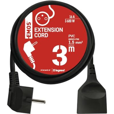 EMOS 3 m verlengkabel, 1 stopcontact, 250 V, pvc, binnen, zwart EMOS 3 m verlengkabel, 1 stopcontact, 250 V, pvc, binnen, zwart