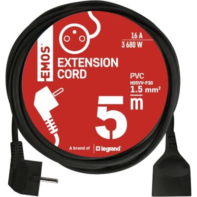 EMOS 5 m verlengkabel, 1 stopcontact, 250 V, pvc, binnen, zwart EMOS 5 m verlengkabel, 1 stopcontact, 250 V, pvc, binnen, zwart
