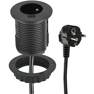 Electraline 35432 Compacte inbouwstekkerdoos met 1 stopcontact + 1 USB-poort 2.0 A, snel opladen, voor bureau/tafel, 60 mm diameter, eenvoudig te installeren, verlenging van 2 m kabel, zwart Electraline 35432 Compacte inbouwstekkerdoos met 1 stopcontact + 1 USB-poort 2.0 A, snel opladen, voor bureau/tafel, 60 mm diameter, eenvoudig te installeren, verlenging van 2 m kabel, zwart