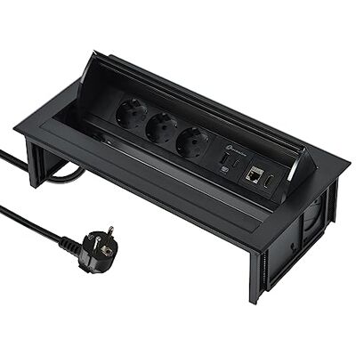Electraline 62577 Uitschuifbaar stekkerblok voor bureau/tafel, inbouwdoos, 3 Schuko-aansluitingen + 2 USB 3.1 A (1 Type A + 1 Type C) 15,5 W + 1 HDMI-aansluiting + 1 RJ45-connector, 2M kabel Electraline 62577 Uitschuifbaar stekkerblok voor bureau/tafel, inbouwdoos, 3 Schuko-aansluitingen + 2 USB 3.1 A (1 Type A + 1 Type C) 15,5 W + 1 HDMI-aansluiting + 1 RJ45-connector, 2M kabel
