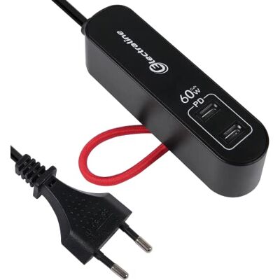 Electraline 62655 Draagbare oplader 60W Power Delivery PD GaN met 2 USB Type-C PPS-protocolpoorten voor het opladen van alle apparaten (inclusief computers), 1,5M verlengkabel, Europese stekker Electraline 62655 Draagbare oplader 60W Power Delivery PD GaN met 2 USB Type-C PPS-protocolpoorten voor het opladen van alle apparaten (inclusief computers), 1,5M verlengkabel, Europese stekker