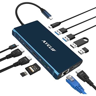 AYCLIF 12-in-1 USB C-hub voor MacBook Pro/Air, USB C docking station Triple Display 4K DP/2 x HDMI, USB C-adapter (5Gbit/s USB A/C 3.0,1g Ethernet, PD 100W, 3,5 mm MIC, SD/TF) voor Dell, HP, Lenovo AYCLIF 12-in-1 USB C-hub voor MacBook Pro/Air, USB C docking station Triple Display 4K DP/2 x HDMI, USB C-adapter (5Gbit/s USB A/C 3.0,1g Ethernet, PD 100W, 3,5 mm MIC, SD/TF) voor Dell, HP, Lenovo