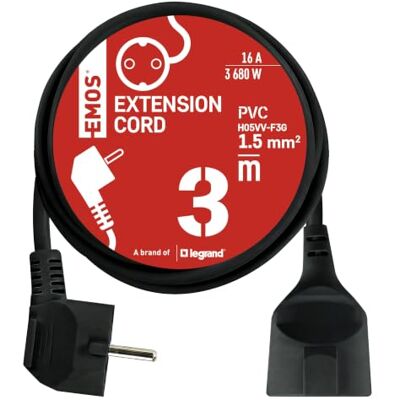 EMOS 3 m verlengkabel, 1 stopcontact, 250 V, pvc, binnen, zwart EMOS 3 m verlengkabel, 1 stopcontact, 250 V, pvc, binnen, zwart