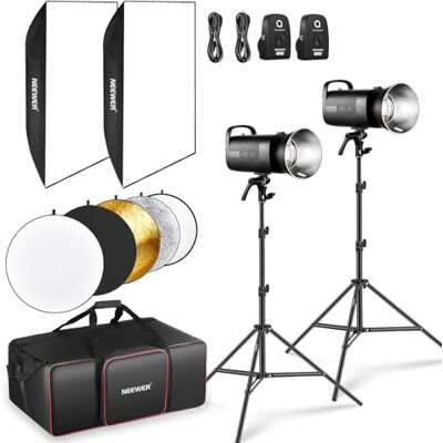 NEEWER S102-400W PRO Flash Set (2 stuks) met 2 x 2,4G trigger, 2 x foto-lichtstatief, 2 x softbox, 5-in-1 reflector, tas, 400Ws GN62 5600K 30W LED instellamp, Bowens Mount stille ventilator NEEWER S102-400W PRO Flash Set (2 stuks) met 2 x 2,4G trigger, 2 x foto-lichtstatief, 2 x softbox, 5-in-1 reflector, tas, 400Ws GN62 5600K 30W LED instellamp, Bowens Mount stille ventilator