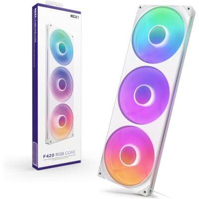NZXT F420 RGB Core 420mm Enkelram RGB-fan Wit 420mm enkelram-unit met drie 140mm RGB-ventilatoren op één kabel. Snelheid en verlichting geregeld via CAM. NZXT F420 RGB Core 420mm Enkelram RGB-fan Wit 420mm enkelram-unit met drie 140mm RGB-ventilatoren op één kabel. Snelheid en verlichting geregeld via CAM.