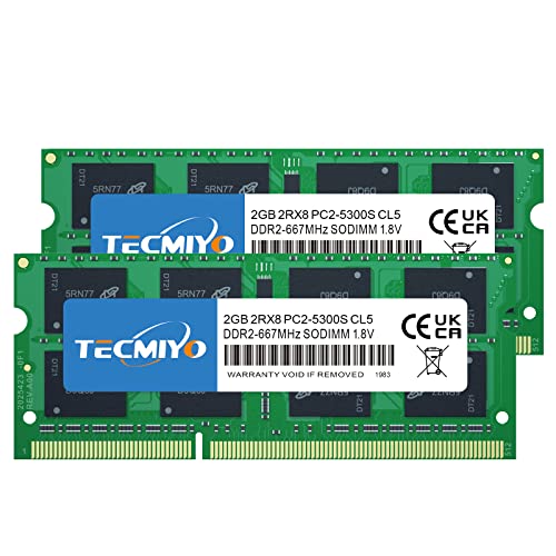 TECMIYO 4 GB DDR2 (2 x 2 GB) PC2 5300s Sodimm DDR2 667 MHz SODIMM 2RX8 Dual Rank PC2-5300 DDR2-667 1,8 V 200 pin SDRAM PC2-5400 Niet-ECC. Ongebufferde laptop geheugen RAM module