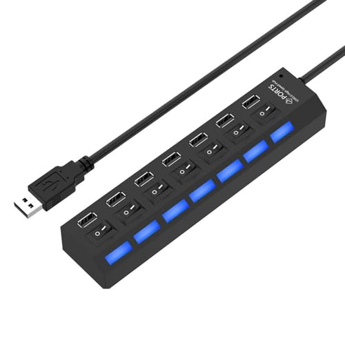 Foyucool USB 2.0 Hub Splitter, USB Extender 7 Port USB, Individuele Individuele LED Aan/Uit Schakelaar, voor Laptop PC, Zwarte Kleur