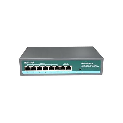 QSFPTEK 6 POE+2FE POE Schakelaar Ethernet Slimme Schakelaar (Ingebouwd), 4*10/100mbps POE-poort, 2*10/100mbps, IEEE802.3AF/bij Standaard, ≤70W (52V 1.5A), 250m Onbeheerde Plug and Play-netwerkschakelaar over lange afstand