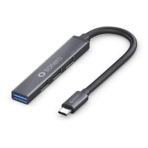 Sonero S-UH110-001 USB-hub, USB-distributeur, 4-poorts, 1 x USB 3.2 met 5 GB/s, 3x USB 2.0 met 480 MB/s, USB-C-stekker, ultradun, spacegrijs, 0,15 m