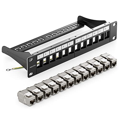 deleyCON 12-Poorts Patchpaneel Set Modulair 1 U 10" Inch Rekinstallatie + 12x RJ45 Keystone-Modules CAT6a Compatibel met CAT5 CAT6 CAT7 LAN Netwerk Kabel Installatie Kabel Zwart