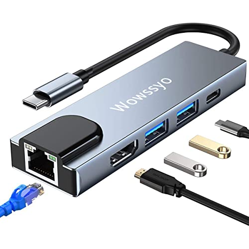Wowssyo USB C Ethernet Hub 5 in 1，Space Aluminium Adapter USB C HDMI 4K, USB 3.0, Quick Charge PD 87W, MacBook Air/PRO M1, iPad M1, Chromecast, Switch, PS4, Windows