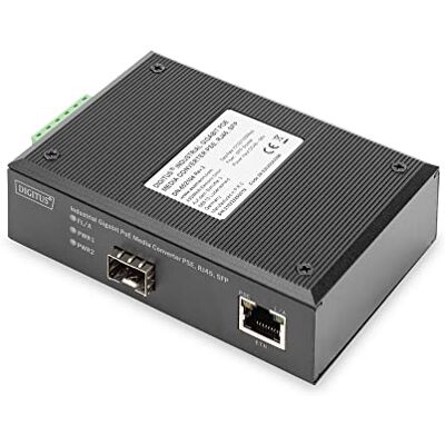 Digitus DIN-Rail Media Converter SFP Port Gbit Ethernet RJ45 / SFP 1000Base-X Met PoE-injector Zwart Digitus DIN-Rail Media Converter SFP Port Gbit Ethernet RJ45 / SFP 1000Base-X Met PoE-injector Zwart