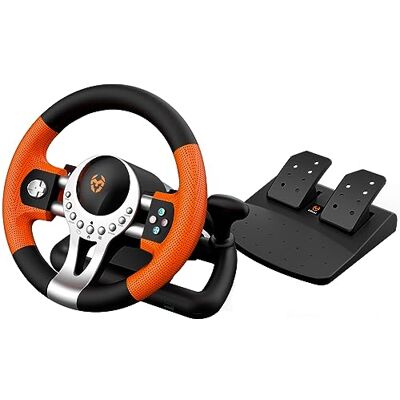 KROM K-Driver multiplatform stuurwiel en pedalen set, versnellingspook en peddels op het stuur, vibratie-effect, compatibele pc, PS3, PS4 en Xbox, zwart/oranje KROM K-Driver multiplatform stuurwiel en pedalen set, versnellingspook en peddels op het stuur, vibratie-effect, compatibele pc, PS3, PS4 en Xbox, zwart/oranje