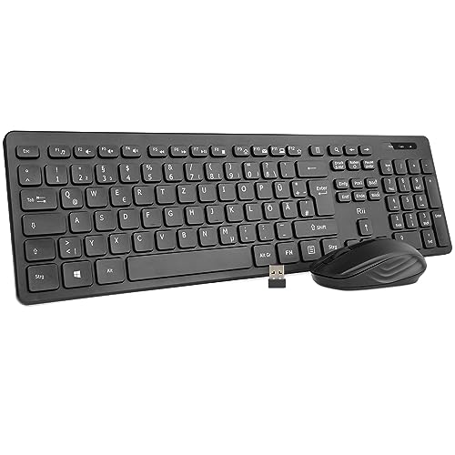 Rii Toetsenbord muis set draadloos, draadloos toetsenbord met muis, draadloos toetsenbord en muis, voor pc/laptop/Windows/Smart TV, Duitse lay-out zwart