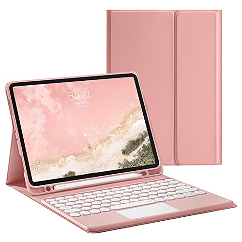 QYiD iPad Toetsenbord Case met Touchpad voor 11 inch iPad Pro 2021/2020/2018, Toetsenbord Case Leuke Ronde Key Kleur Toetsenbord Draadloos Afneembare BT TouchPad Toetsenbord, Roze