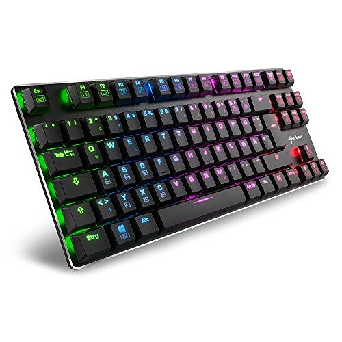 Sharkoon PureWriter RGB TKL Mechanisch Low Profile-toetsenbord (RGB-verlichting, blauwe schakelaar, platte toetsen, Tenkeyless, verlichtingseffecten, afneembare USB-kabel) zwart