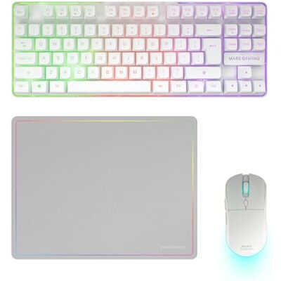 Mars Gaming MCPWTKL, Engels US, Draadloze Gaming-Combo, DualPro Link 2.4GPRO-Technologie, TKL FRGB Rainbow Toetsenbord + RGB 3200DPI Muis met HUANO-schakelaars + Antislip Muismat 360x260mm, Wit Mars Gaming MCPWTKL, Engels US, Draadloze Gaming-Combo, DualPro Link 2.4GPRO-Technologie, TKL FRGB Rainbow Toetsenbord + RGB 3200DPI Muis met HUANO-schakelaars + Antislip Muismat 360x260mm, Wit