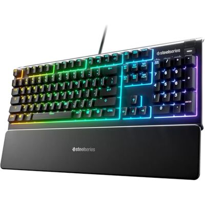 SteelSeries Apex 3 RGB-gaming-toetsenbord, RGB-verlichting, 10 zones, waterdicht, IP32, magnetische polssteun, Spaans QWERTY-toetsenbord SteelSeries Apex 3 RGB-gaming-toetsenbord, RGB-verlichting, 10 zones, waterdicht, IP32, magnetische polssteun, Spaans QWERTY-toetsenbord