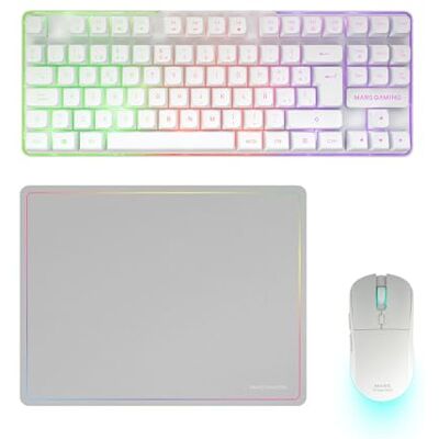 Mars Gaming MCPWTKL, Portugees, Draadloze Gaming-Combo, DualPro Link 2.4GPRO-Technologie, TKL FRGB Rainbow Toetsenbord + RGB 3200DPI Muis met HUANO-schakelaars + Antislip Muismat 360x260mm, Wit Mars Gaming MCPWTKL, Portugees, Draadloze Gaming-Combo, DualPro Link 2.4GPRO-Technologie, TKL FRGB Rainbow Toetsenbord + RGB 3200DPI Muis met HUANO-schakelaars + Antislip Muismat 360x260mm, Wit