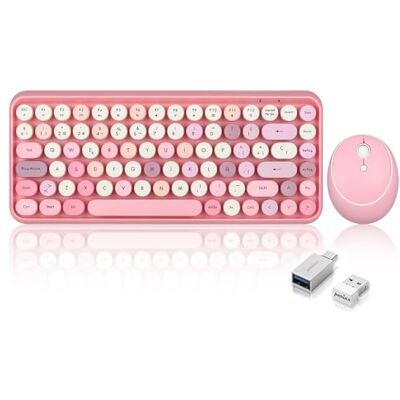 Perixx Periduo-713 Muis- en mini-toetsenbord, draadloos, 2,4 GHz, ronde toetsen, retrostijl, voor pc en tablet, pastelroze, Spaans Perixx Periduo-713 Muis- en mini-toetsenbord, draadloos, 2,4 GHz, ronde toetsen, retrostijl, voor pc en tablet, pastelroze, Spaans