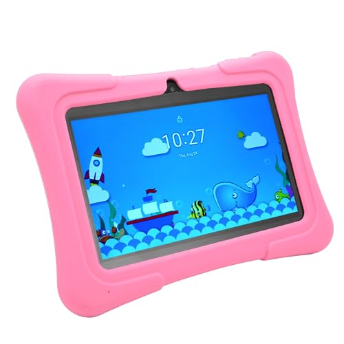 PUSOKEI 7 Inch Kindertablet voor Android 10.0, Quad Core 32GB ROM, FHD 4G LTE Kindertablet-pc met Beschermhoes, Gaming-tablet (lichtroze)