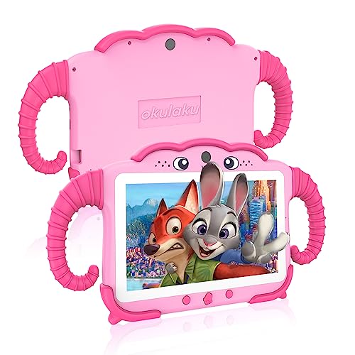 okulaku Kindertablet 7 inch, kindertablet 2 GB + 64 GB Quad Core, kindertablet, wifi, kinderbeveiliging, vooraf geïnstalleerde kindersoftware, dubbele camera, tablet voor kinderen vanaf 3-14 jaar, met