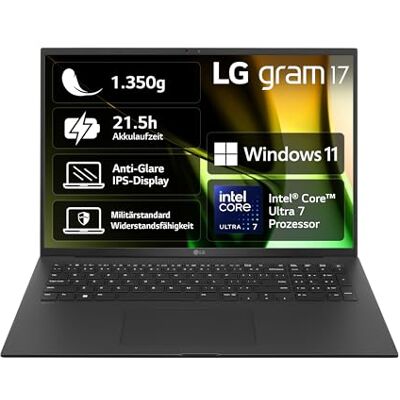 LG 2024 gram 17 inch notebook, 1350 g, Intel Core Ultra7 laptop (16 GB RAM, 1 TB Dual SSD, 21,5 uur batterijduur, IPS-paneel, anti-glare display, Win 11 Home), zwart LG 2024 gram 17 inch notebook, 1350 g, Intel Core Ultra7 laptop (16 GB RAM, 1 TB Dual SSD, 21,5 uur batterijduur, IPS-paneel, anti-glare display, Win 11 Home), zwart